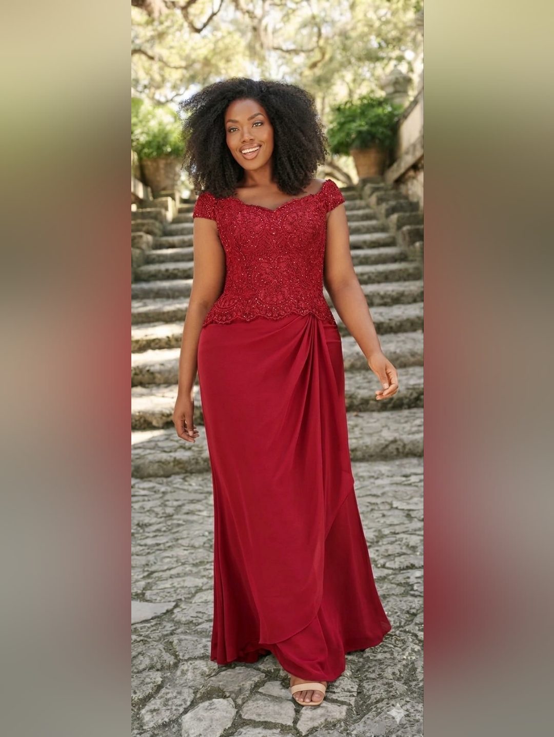 Nwt Montage By Mon Cheri Size 16w Red Chiffon & Beaded Lace Evening Gown